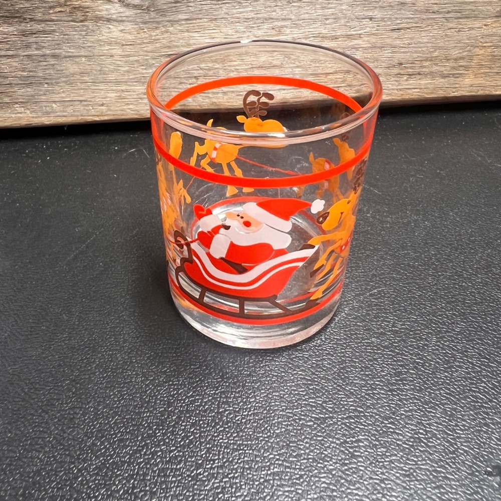 Vintage Christmas Santa Claus Sleigh Reindeer Juice Glass Red Bands Clear